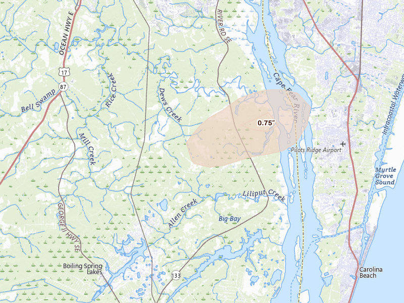 Radar-estimated hail-size map of the storm over Winnabow, NC on Aug 22, 2026