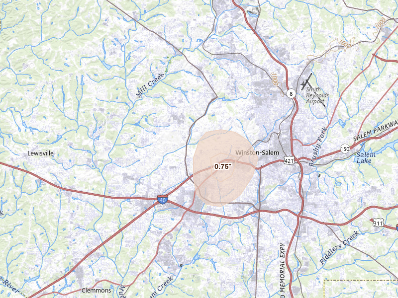 Radar-estimated hail-size map of the storm over Winston-Salem, NC on Jun 22, 2026