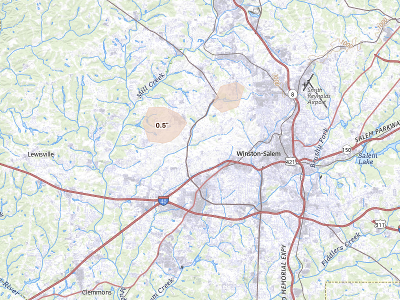 Radar-estimated hail-size map of the storm over Winston-Salem, NC on Jul 5, 2026