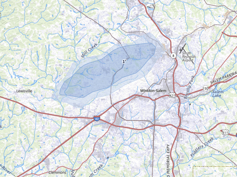 NEXRAD radar-signature map of the hail storm over Winston-Salem, NC on Jul 5, 2026