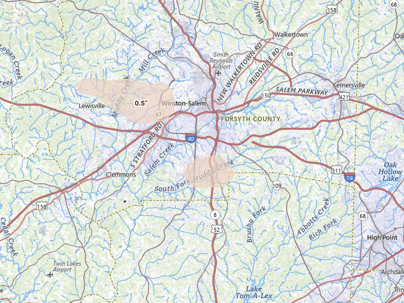 Radar-estimated hail-size map of the storm over Winston-Salem, NC on Aug 22, 2026