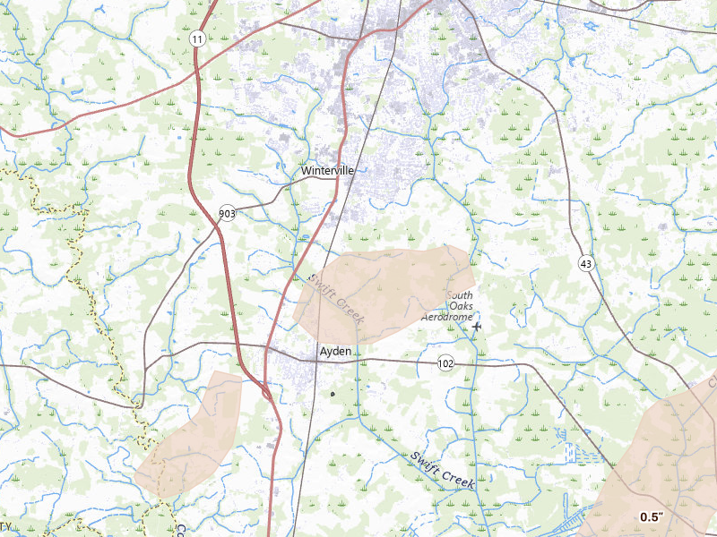 Radar-estimated hail-size map of the storm over Winterville, NC on Jun 26, 2026