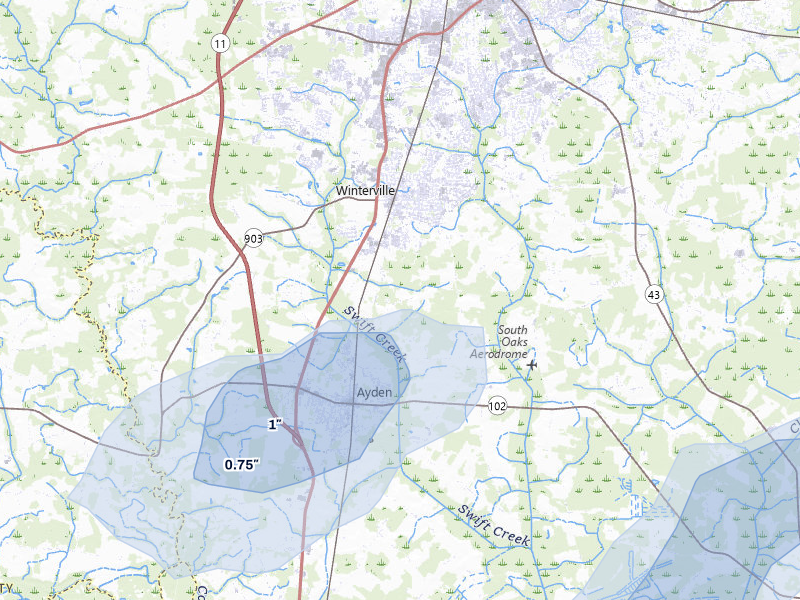 NEXRAD radar-signature map of the hail storm over Winterville, NC on Jun 26, 2026
