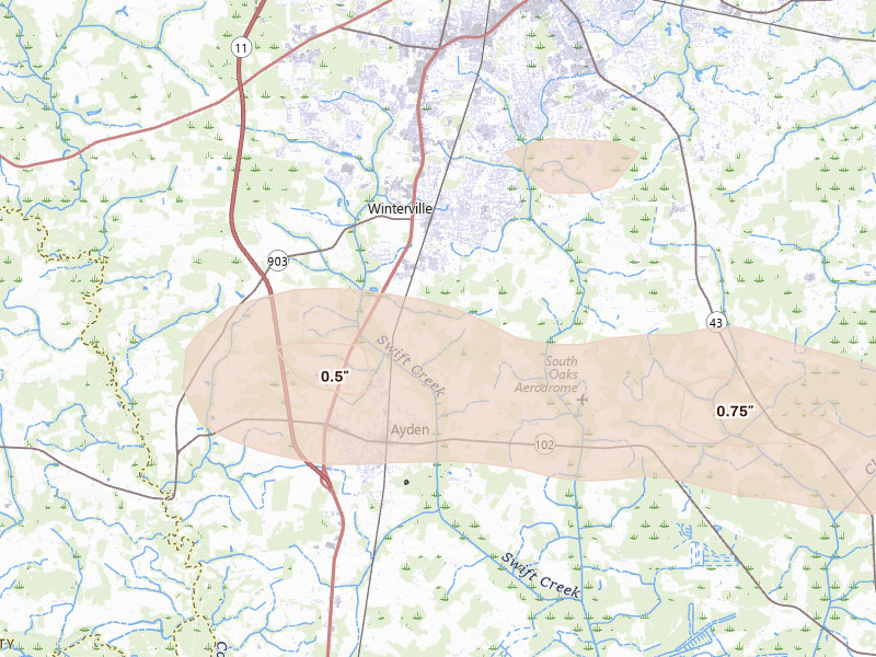 Radar-estimated hail-size map of the storm over Winterville, NC on Aug 10, 2026