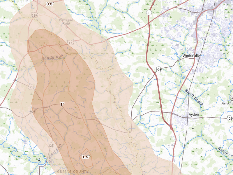 Radar-estimated hail-size map of the storm over Winterville, NC