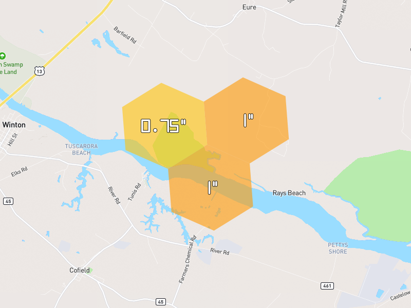 Hail map of Winton, NC on Jul 6, 2026, hail up to 1"