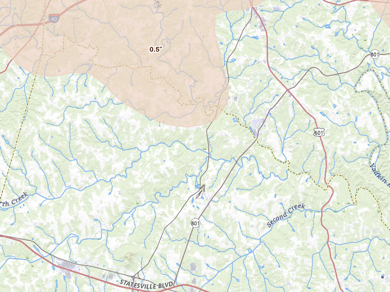 Radar-estimated hail-size map of the storm over Woodleaf, NC on Aug 11, 2026