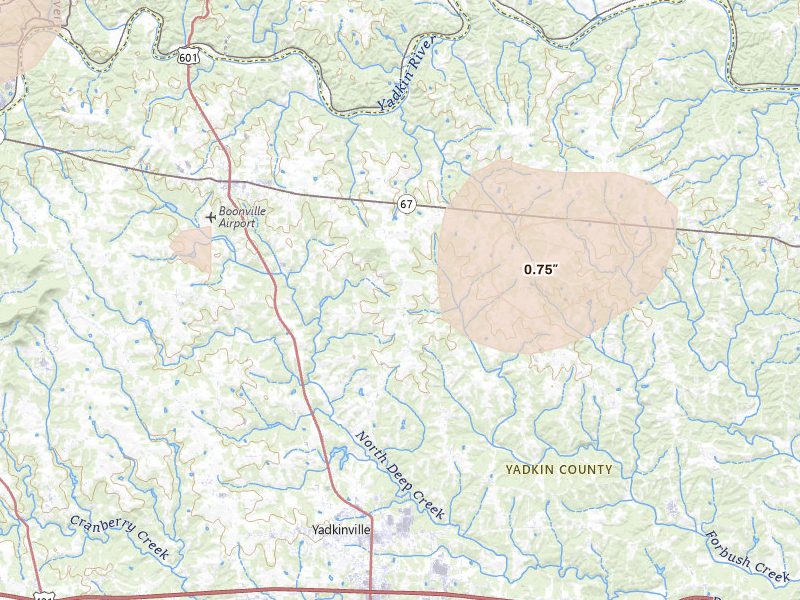 Radar-estimated hail-size map of the storm over Yadkinville, NC on Jul 18, 2026