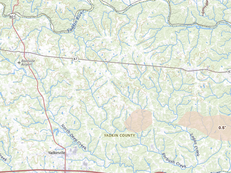 Radar-estimated hail-size map of the storm over Yadkinville, NC on Aug 17, 2026