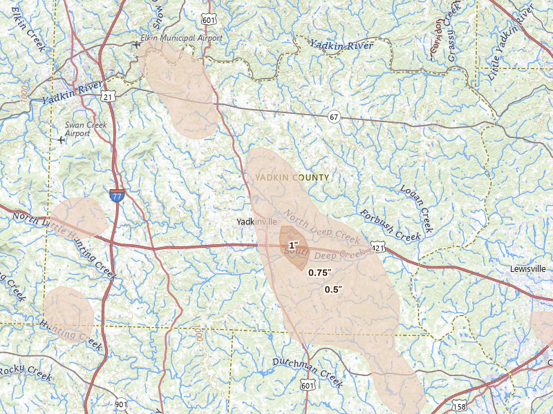 Radar-estimated hail-size map of the storm over Yadkinville, NC