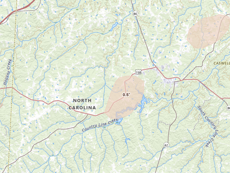 Radar-estimated hail-size map of the storm over Yanceyville, NC on Jun 14, 2026