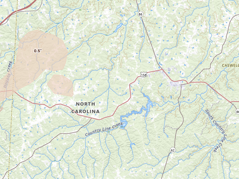 Radar-estimated hail-size map of the storm over Yanceyville, NC on Jul 8, 2026