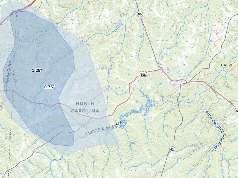 NEXRAD radar-signature map of the hail storm over Yanceyville, NC on Jul 8, 2026