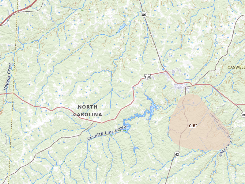 Radar-estimated hail-size map of the storm over Yanceyville, NC on Jul 19, 2026