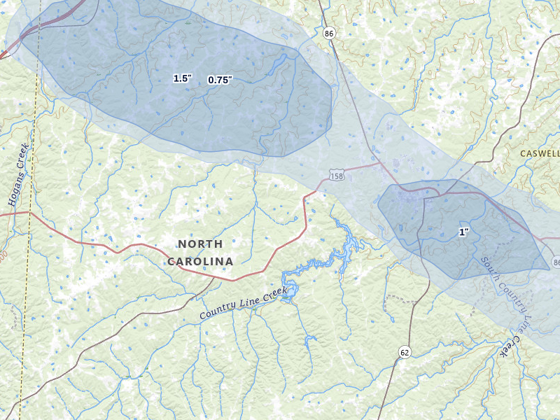 NEXRAD radar-signature map of the hail storm over Yanceyville, NC on Jul 28, 2026