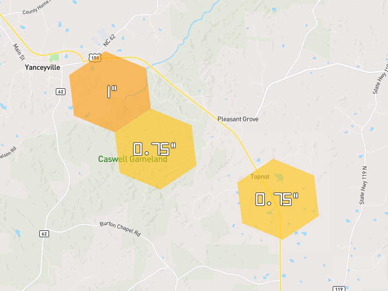 Hail map of Yanceyville, NC on Jul 28, 2026, hail up to 1"
