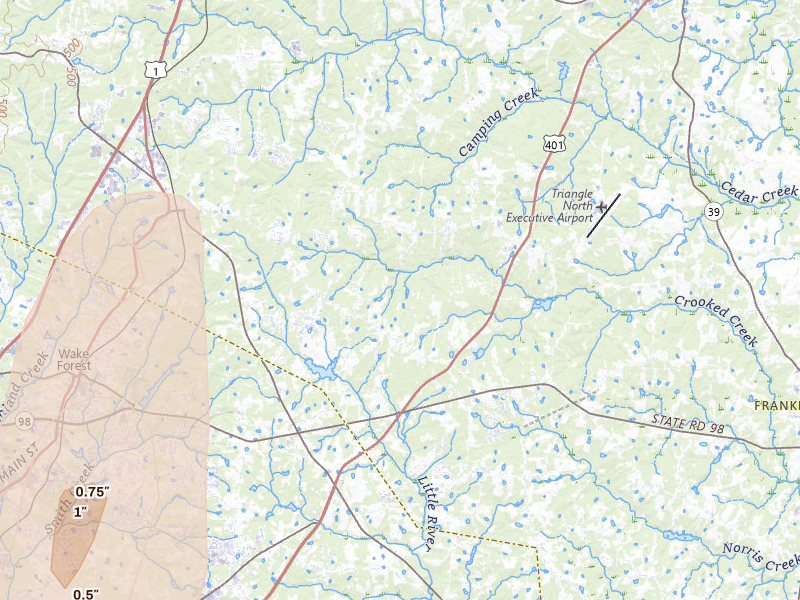 Radar-estimated hail-size map of the storm over Youngsville, NC on Jul 8, 2026