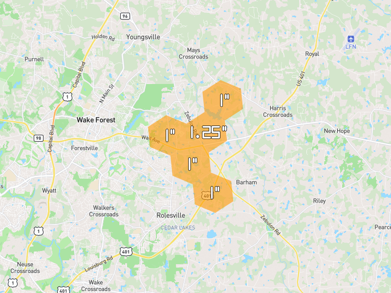 Hail map of Youngsville, NC on Jul 8, 2026, hail up to 1.25"