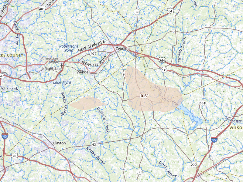 Radar-estimated hail-size map of the storm over Zebulon, NC on Jun 27, 2026