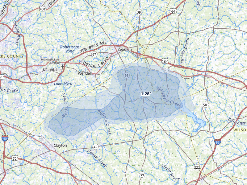 NEXRAD radar-signature map of the hail over Zebulon, NC