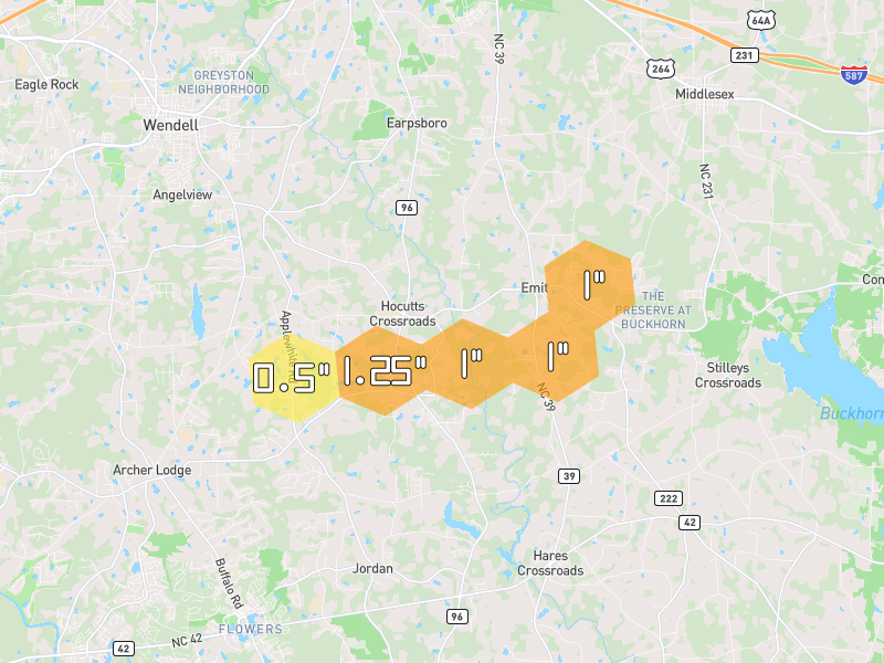 Hail map of Zebulon, NC on Jun 27, 2026, hail up to 1.25"