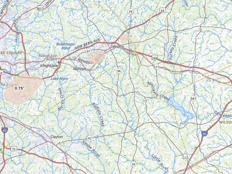 Radar-estimated hail-size map of the storm over Zebulon, NC on Jul 6, 2026