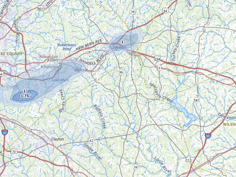 NEXRAD radar-signature map of the hail over Zebulon, NC