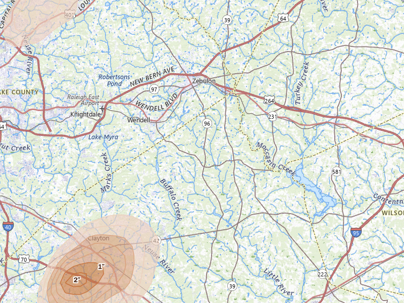 Radar-estimated hail-size map of the storm over Zebulon, NC on Jul 8, 2026