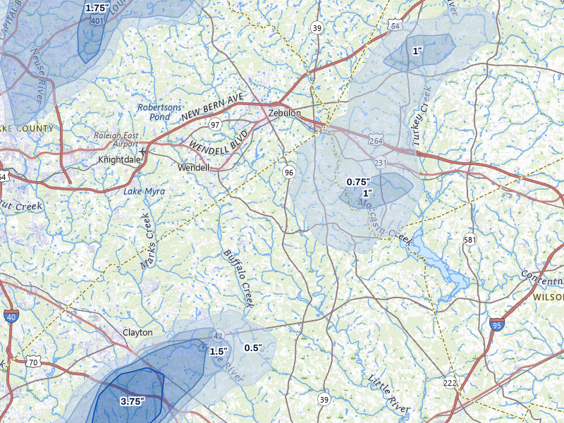NEXRAD radar-signature map of the hail over Zebulon, NC