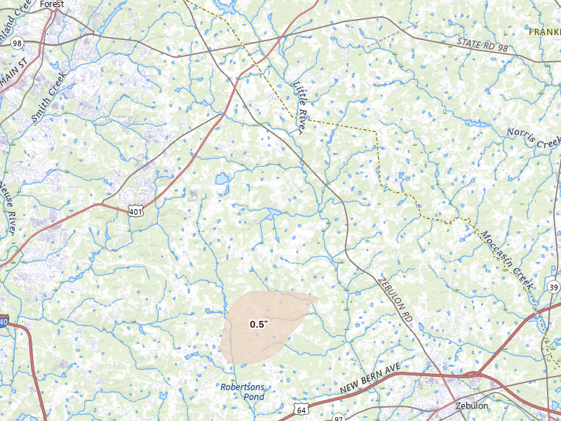 Radar-estimated hail-size map of the storm over Zebulon, NC on Aug 20, 2026
