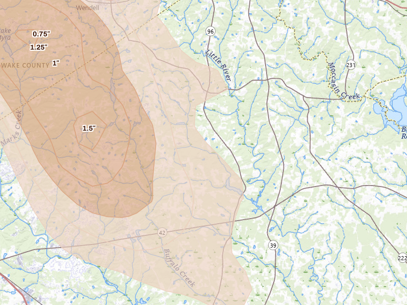 Radar-estimated hail-size map of the storm over Zebulon, NC on Sep 4, 2026