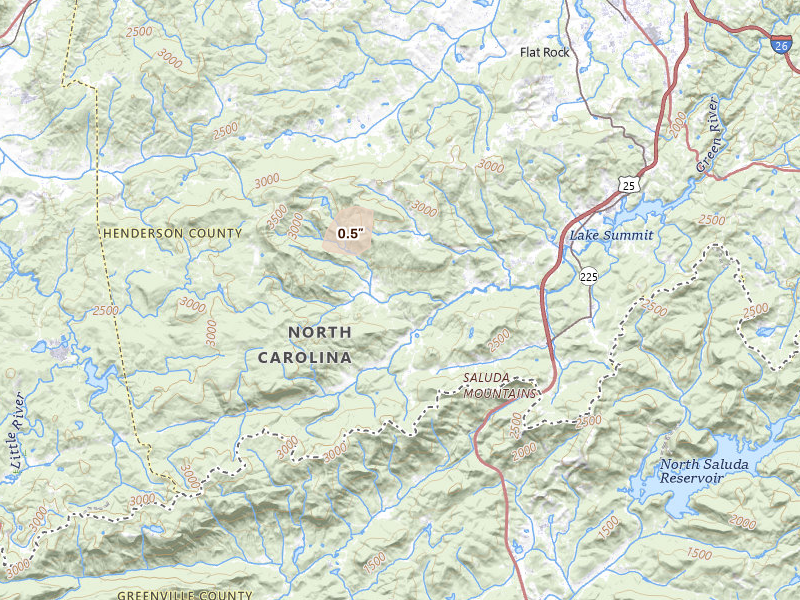 Radar-estimated hail-size map of the storm over Zirconia, NC on Aug 14, 2026