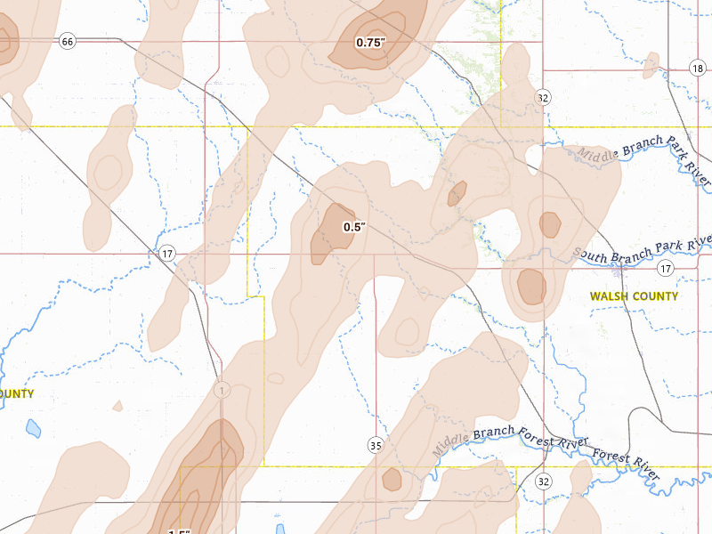 Radar-estimated hail-size map of the storm over Adams, ND on Jun 2, 2026