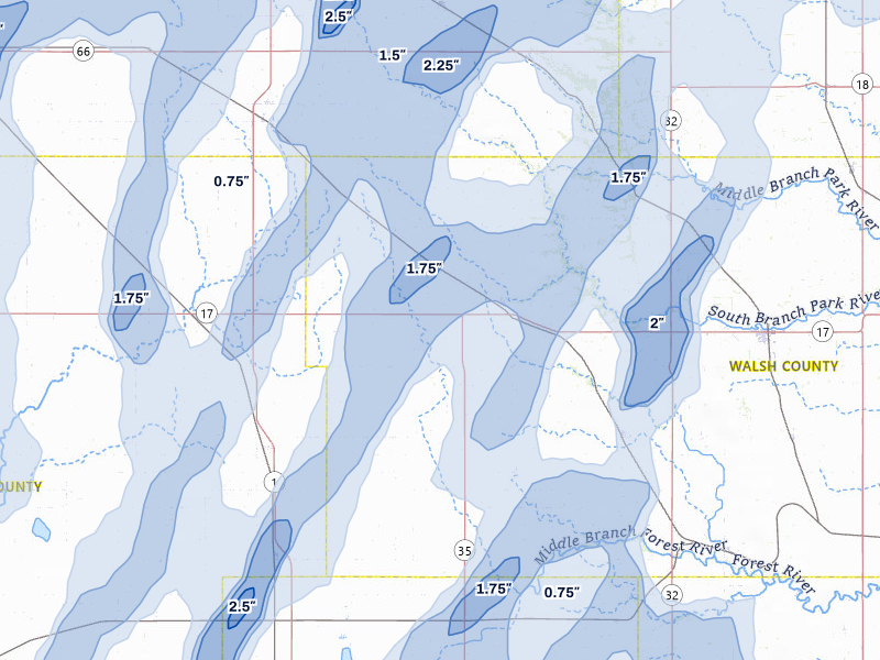 NEXRAD radar-signature map of the hail over Adams, ND