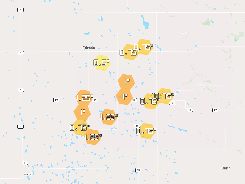 Hail map of Adams, ND on Jun 2, 2026, hail up to 1.25"