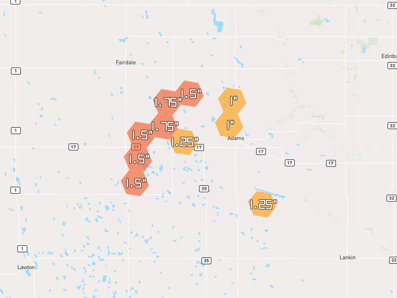 Hail map of Adams, ND on Jun 3, 2026, hail up to 1.75"