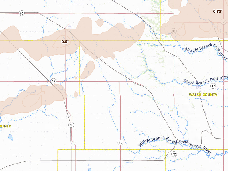 Radar-estimated hail-size map of the storm over Adams, ND on Jun 28, 2026