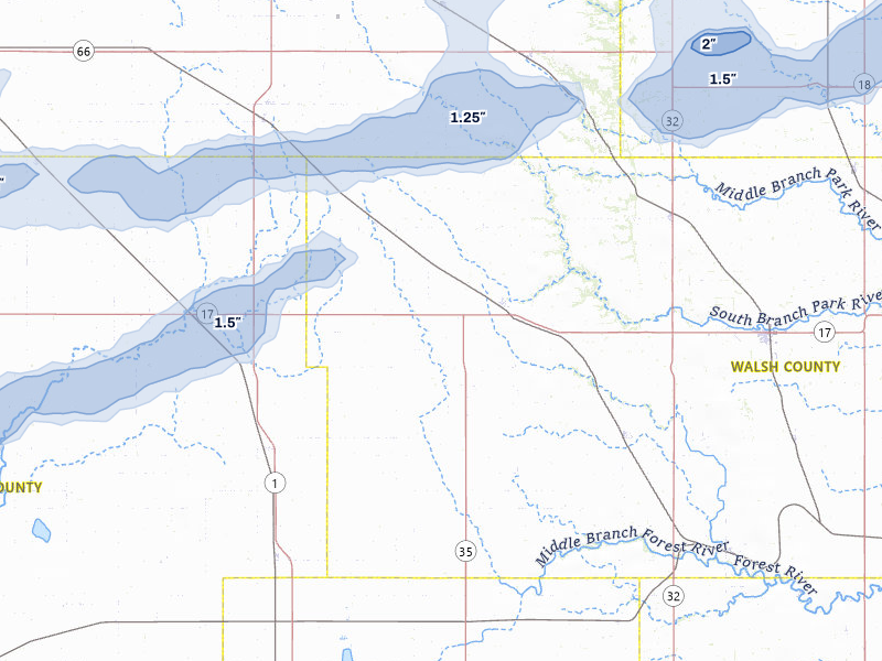 NEXRAD radar-signature map of the hail over Adams, ND