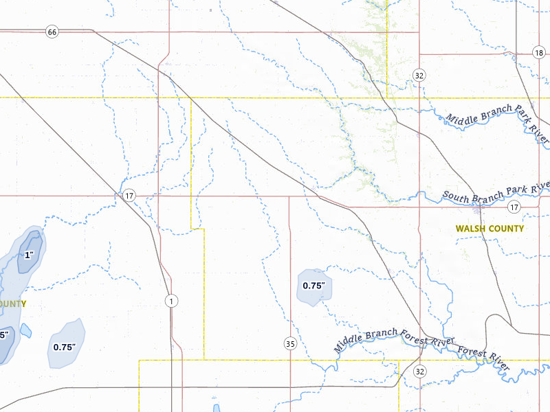 NEXRAD radar-signature map of the hail over Adams, ND