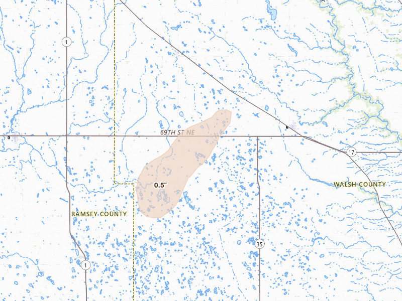 Radar-estimated hail-size map of the storm over Adams, ND on Sep 5, 2026