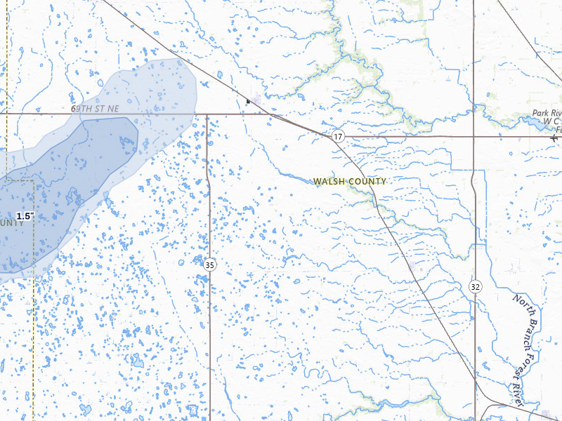 NEXRAD radar-signature map of the hail storm over Adams, ND on Sep 5, 2026