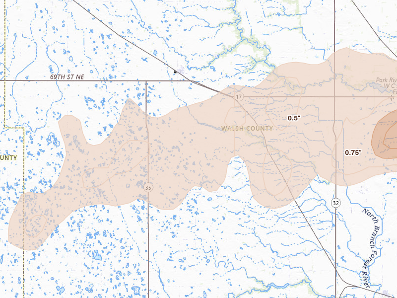 Radar-estimated hail-size map of the storm over Adams, ND