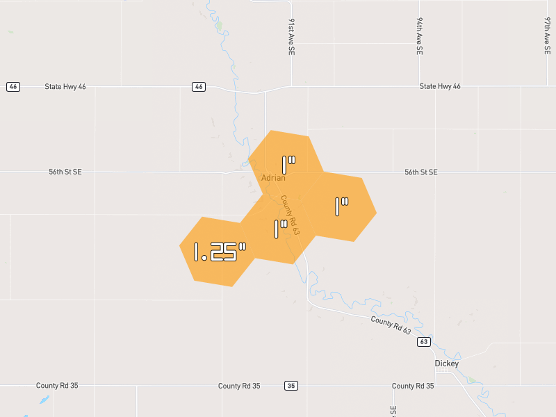 Hail map of Adrian, ND on Jun 3, 2026, hail up to 1.25"