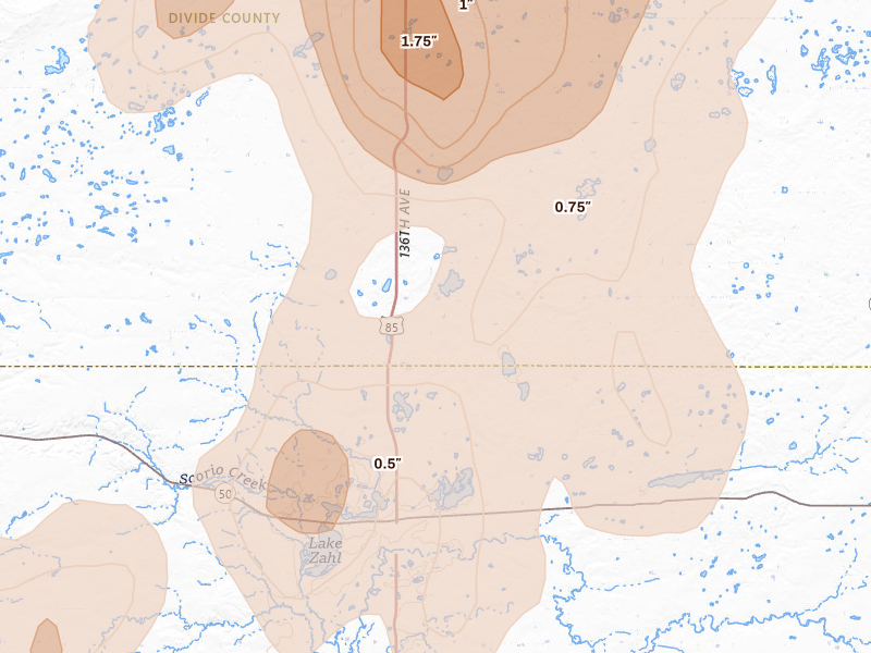 Radar-estimated hail-size map of the storm over Alamo, ND on Jun 7, 2026