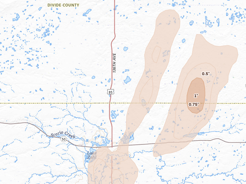 Radar-estimated hail-size map of the storm over Alamo, ND on Jun 9, 2026