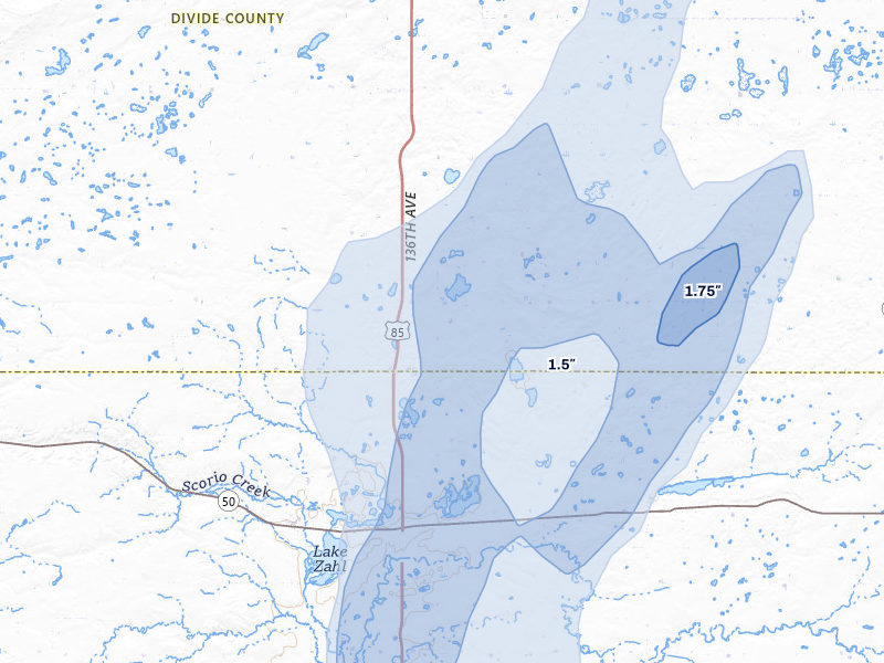 NEXRAD radar-signature map of the hail storm over Alamo, ND on Jun 9, 2026