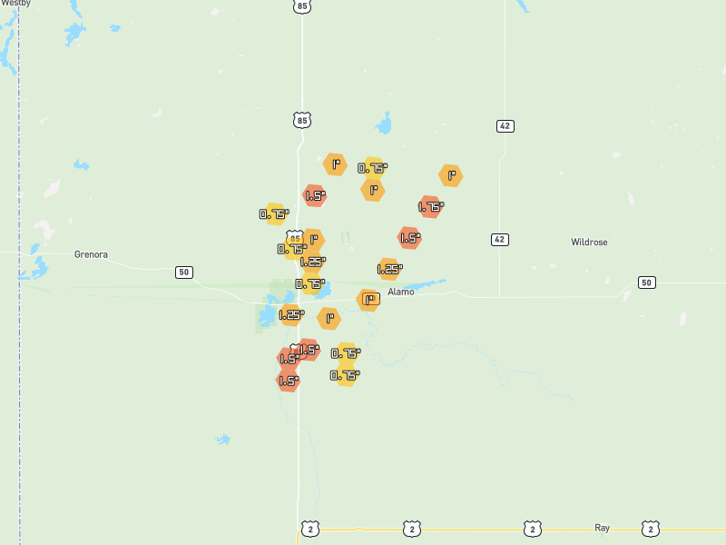 Hail map of Alamo, ND on Jun 9, 2026, hail up to 1.75"