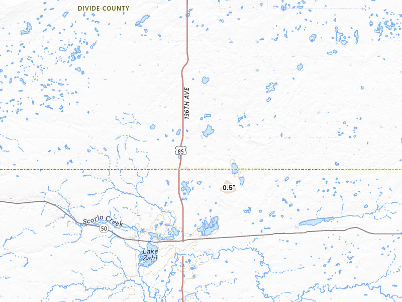 Radar-estimated hail-size map of the storm over Alamo, ND on Jun 26, 2026