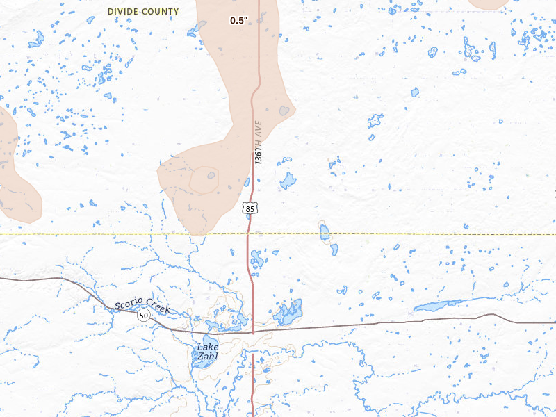 Radar-estimated hail-size map of the storm over Alamo, ND on Jun 27, 2026
