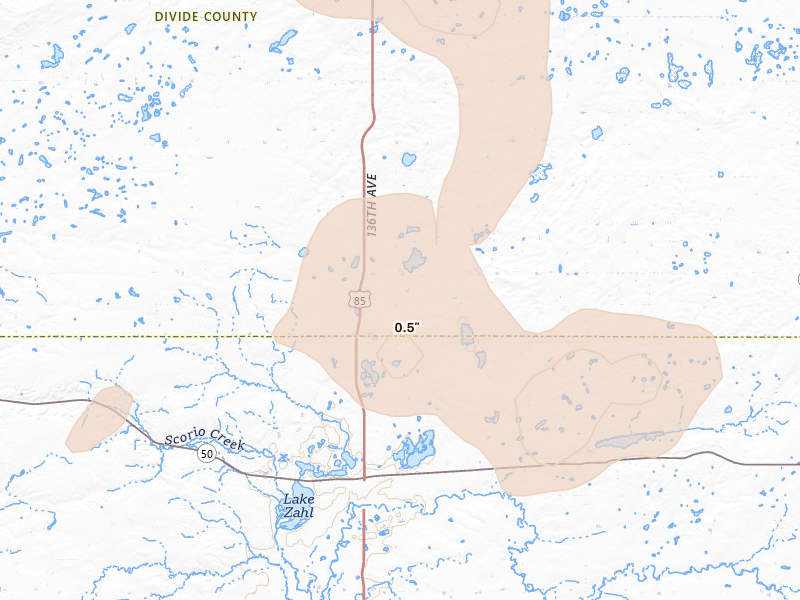 Radar-estimated hail-size map of the storm over Alamo, ND on Jul 2, 2026